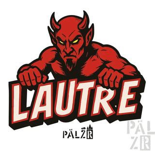 Rotes Teufel-Maskottchen-Logo-Aufkleber mit Hörnern und Bart, das ein Schild hält, auf dem ‘lautre’ in fetten weißen Buchstaben auf schwarzem Hintergrund steht.