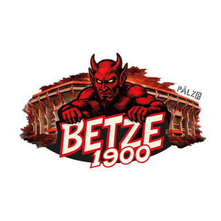 Rotes Teufel-Maskottchen-Logo mit Text ’betze 1900’ und Stadion-Hintergrund.