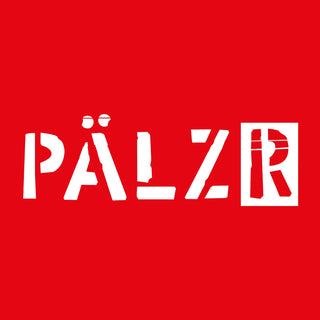 Rotes Quadrat mit weißem Text „pälzr“ Design.