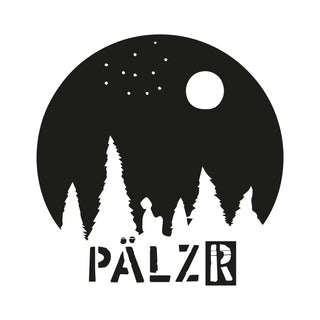 Schwarzer mondförmiger Aufkleber mit Baum- und Sternendesign, beliebtes Markenlogo pälzr.