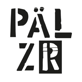 Schwarz-weißes Logo mit stilisierten Buchstaben ’pälzr’ in fetter, geometrischer Schriftart.