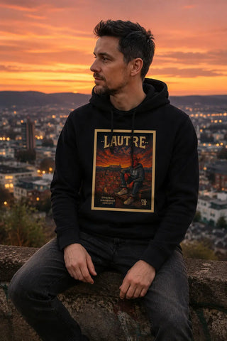 LAUTRE Urban Art Print von PÄLZR mit Teufel über Kaiserslautern – urbanes Pfalz Motiv auf schwarzem Hoodie