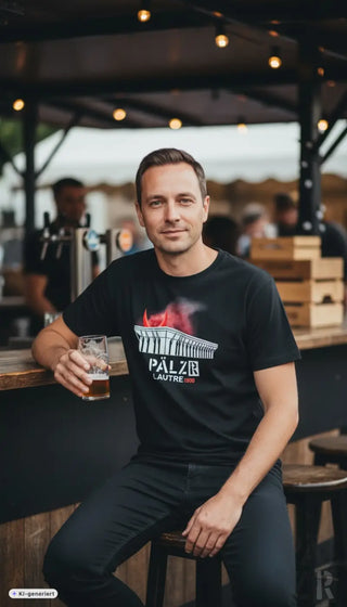 Schwarzes männer t shirt mit weißem gebäudegrafik und roten flammen sowie pälzb lautre 20 textdruck