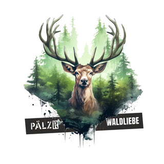 Elch-T-Shirt mit Wald-Design und Text ’pälzb wildiebe’ in Schwarz auf weißem Hintergrund.