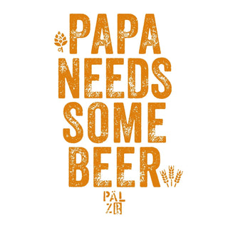Orangefarbenes Bierkrug mit Weizen-Design und Text „papa braucht ein Bier’.