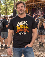 Schwarzes herren t-shirt aus baumwolle mit buntem sex woi und rock n roll schriftzug in weiß gelb und orange