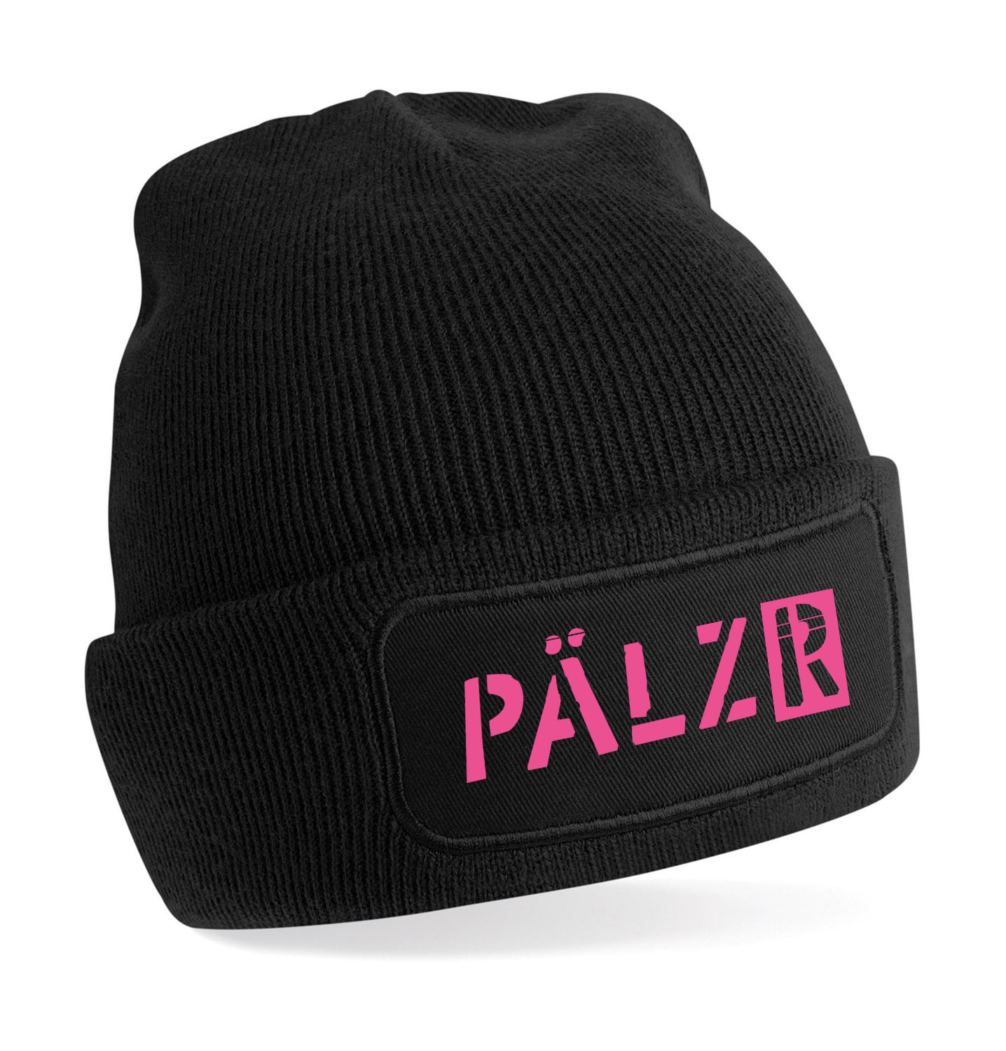 PÄLZR | Beanie Mütze | schwarz | Logo neon-pink