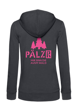 Frauen Zipper | BACKPRINT | Mir sinn die ausm Wald | asphalt | Logo neon-pink