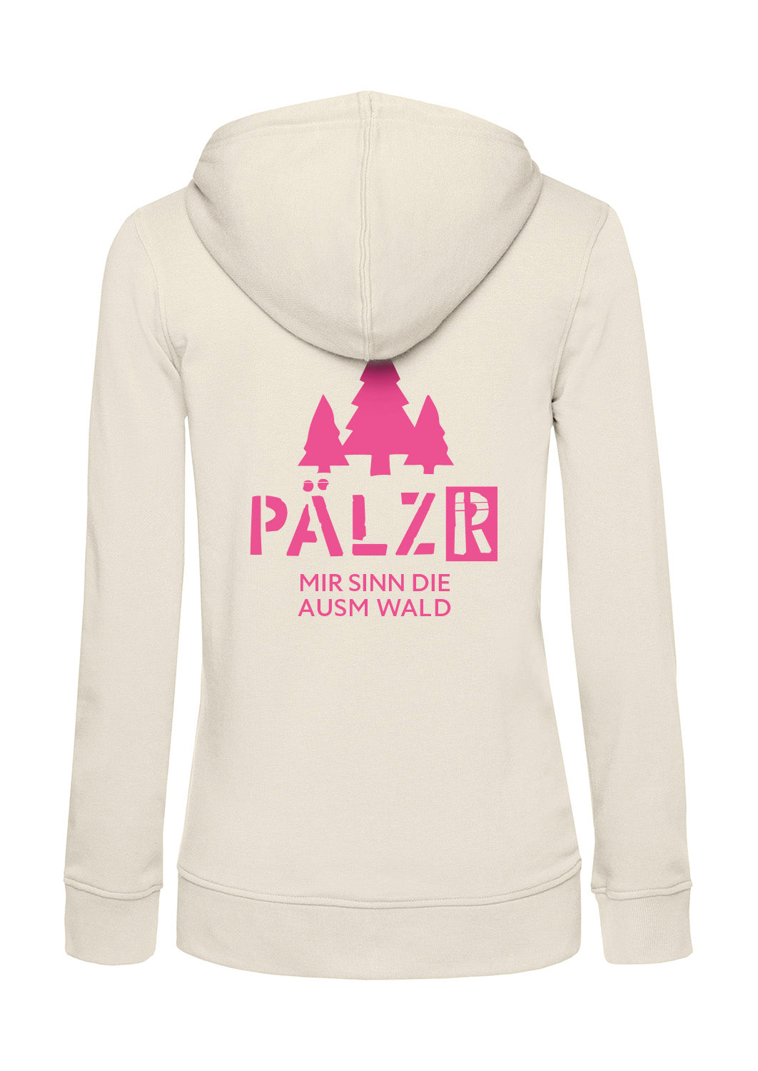 Frauen Zipper | BACKPRINT | Mir sinn die ausm Wald | creme | Logo neon-pink