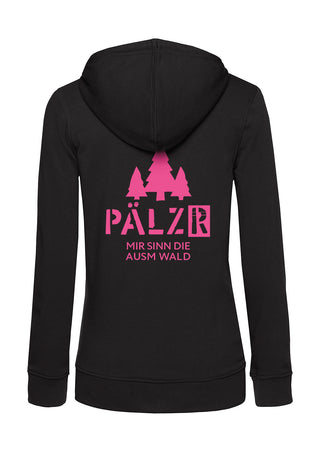 Frauen Zipper | BACKPRINT | Mir sinn die ausm Wald | schwarz | Logo neon-pink