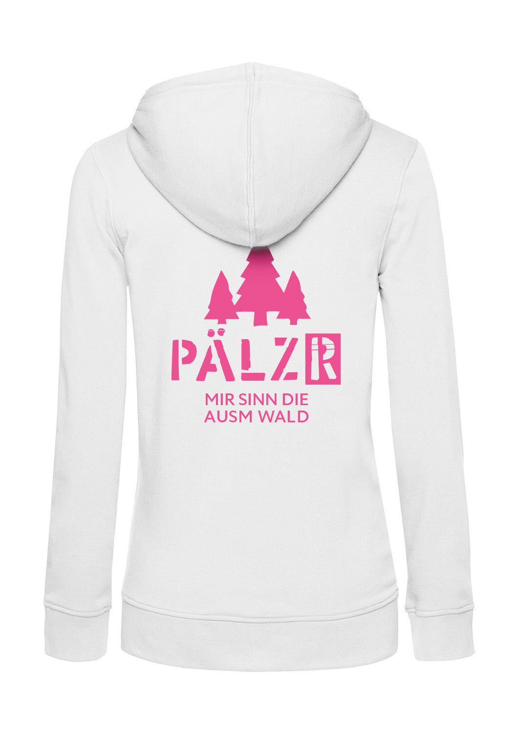 Frauen Zipper | BACKPRINT | Mir sinn die ausm Wald | weiss | neon-pink