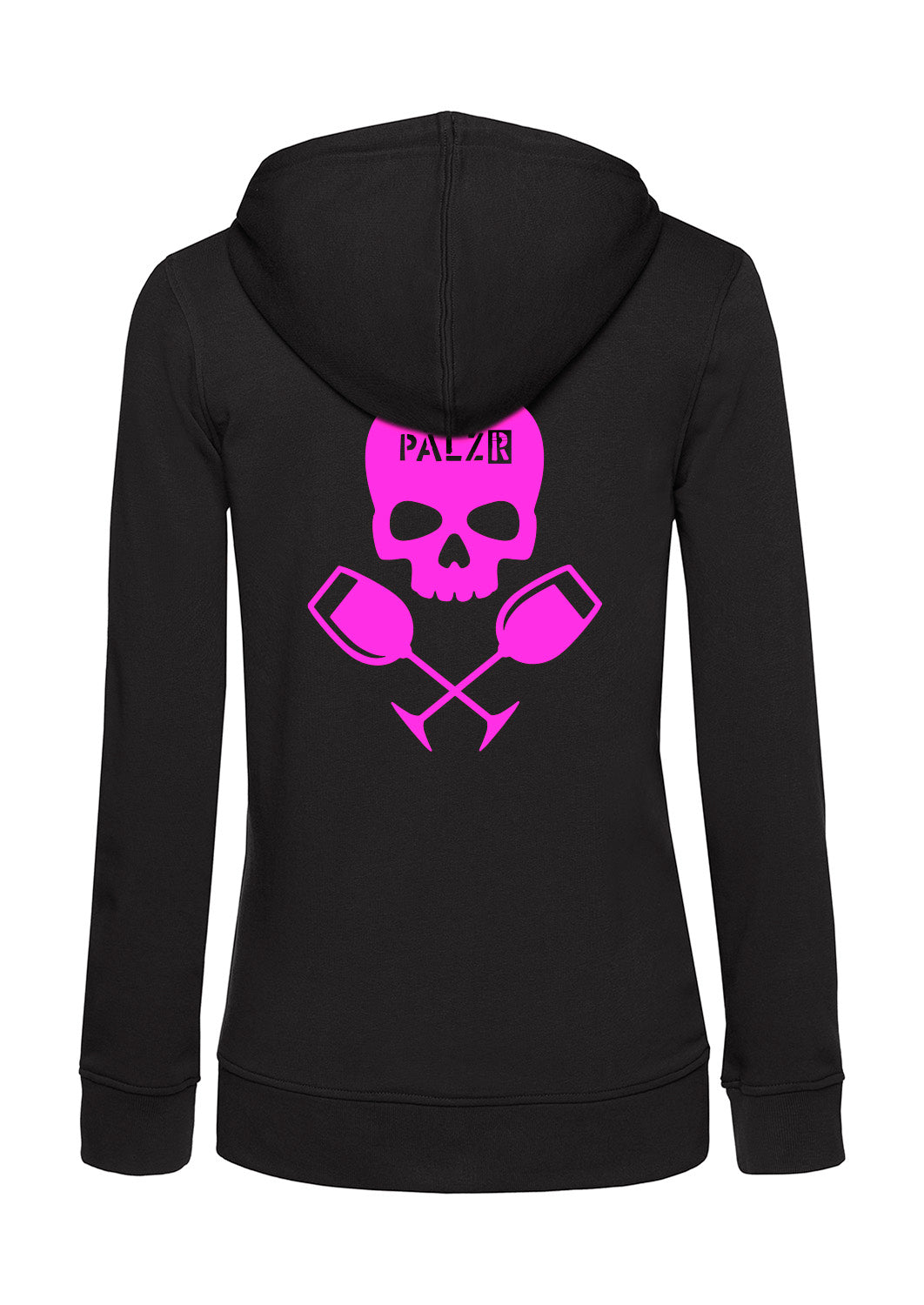 Frauen Zipper | BACKPRINT | Weinpirat | schwarz | Logo neonpink