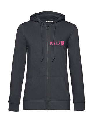 Frauen Zipper | BACKPRINT | Mir sinn die ausm Wald | asphalt | Logo neon-pink