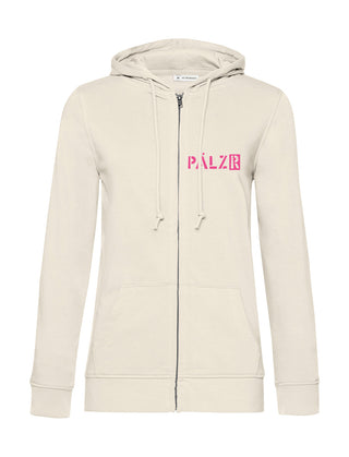 Frauen Zipper | BACKPRINT | Mir sinn die ausm Wald | creme | Logo neon-pink