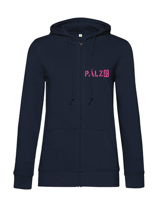 Frauen Zipper | BACKPRINT | Mir sinn die ausm Wald | navy-blue | Logo neon-pink