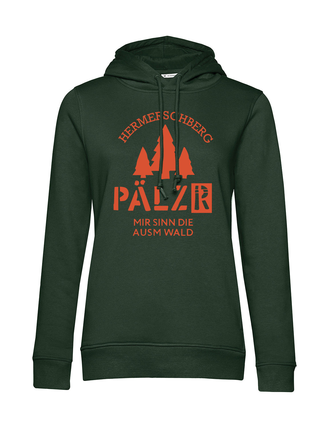 Frauen | Hoodie | PÄLZR Ortsnamen | Hermerschberg | Mir sinn die ausm Wald | waldgrün | Logo orange