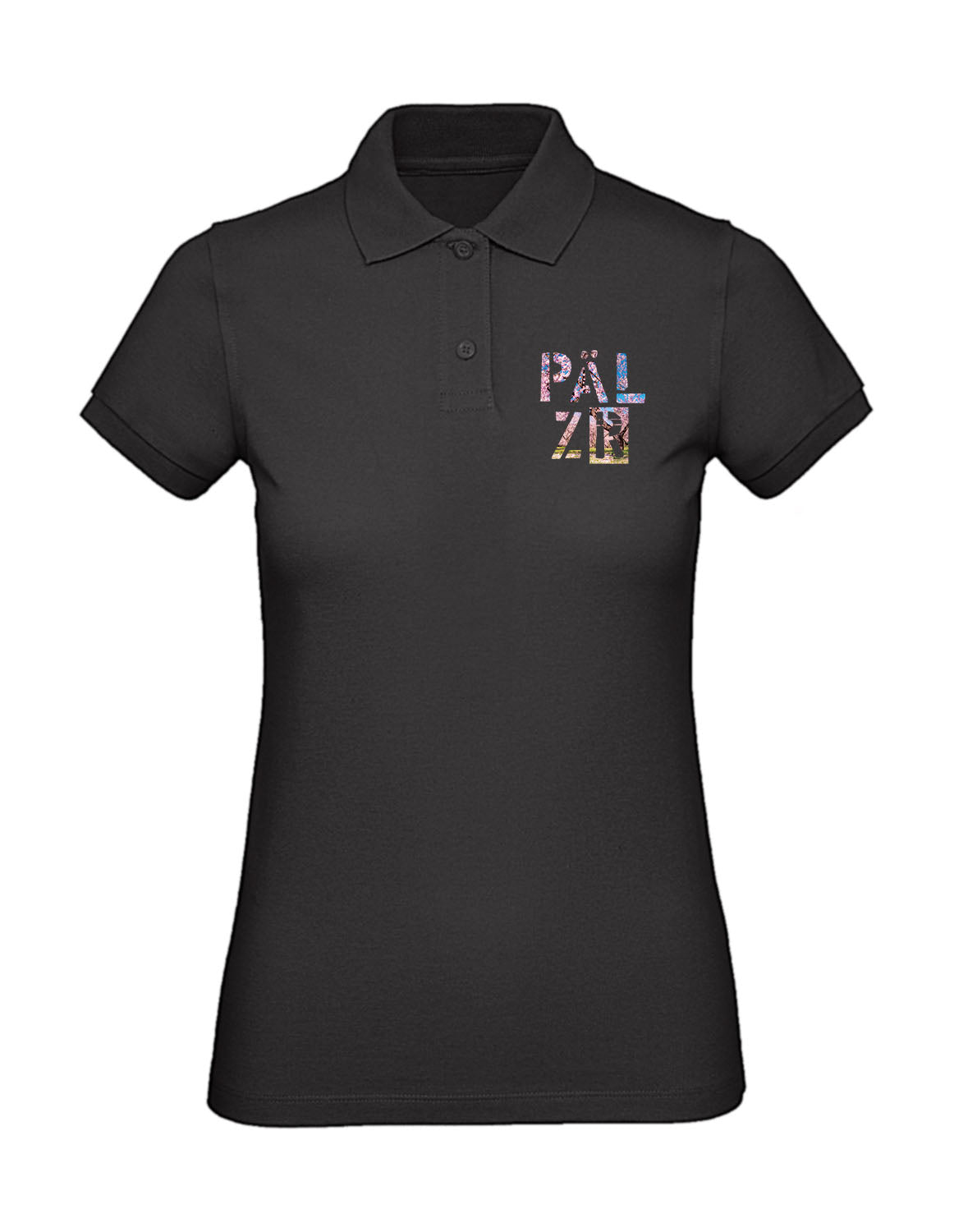 PÄLZR 2025 | Poloshirt | Frauen | schwarz | Mandelblüte | Outlet Einzelstück