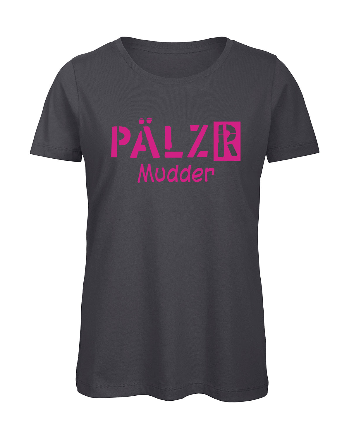 Frauen | T-Shirt | PÄLZR Mudder | dunkelgrau | Logo neon-pink