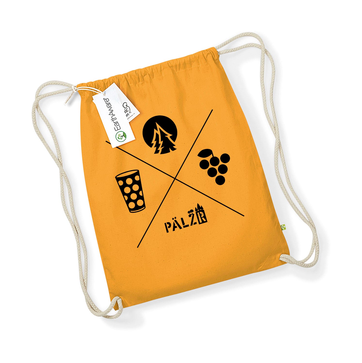 PÄLZR | Turnbeudel | Wald und Woi | currygelb |. Logo schwarz