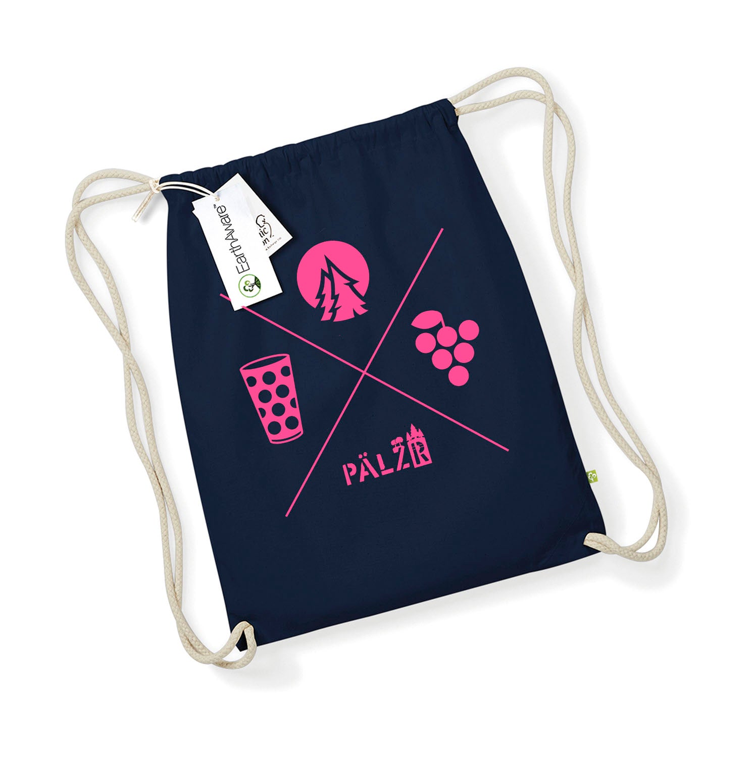 PÄLZR | Turnbeudel | Wald und Woi | navyblue |. Logo neonpink