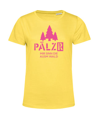 Frauen | T-Shirt | Mir sinn die ausm Wald | limogelb | Logo Neon Pink