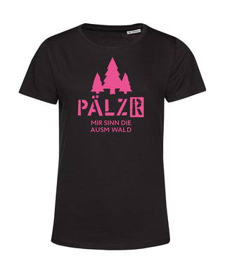 Frauen | T-Shirt | Mir sinn die ausm Wald | schwarz | Logo Neon Pink
