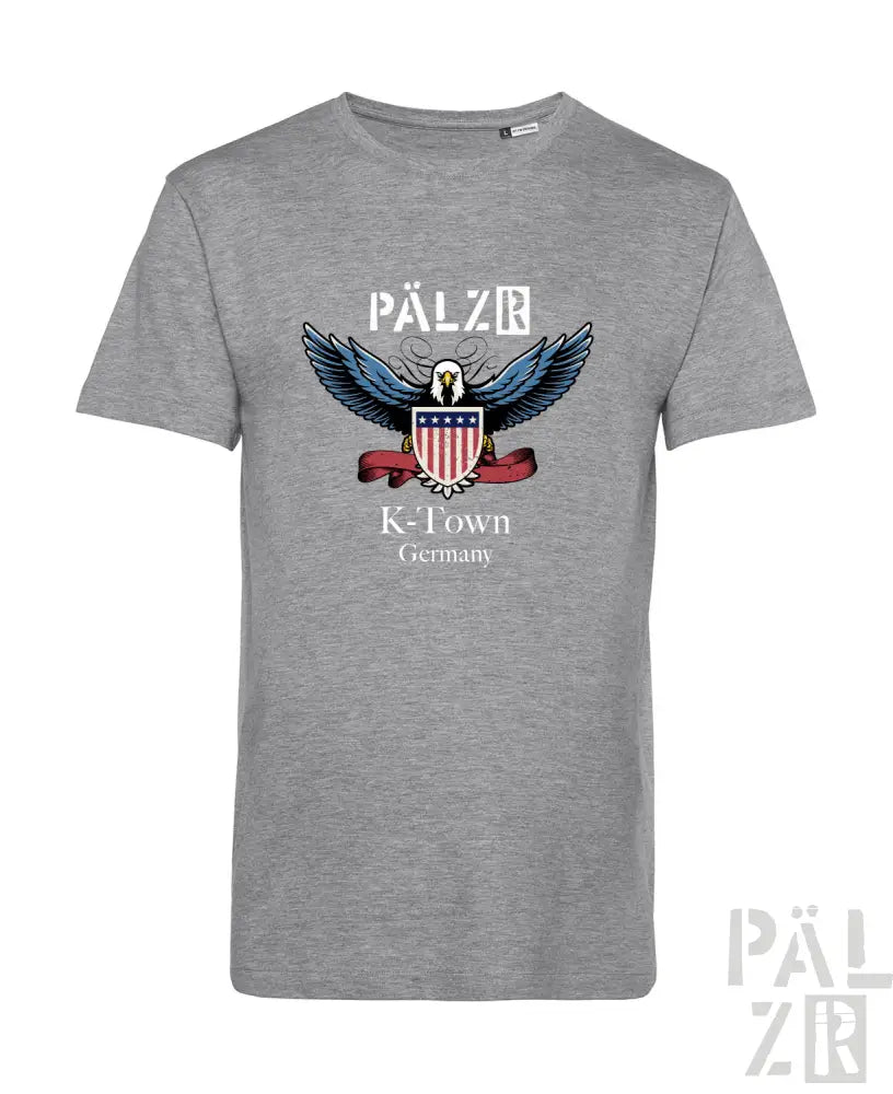 Graues T-Shirt mit Adler-Design und ’pälzib’-Text.