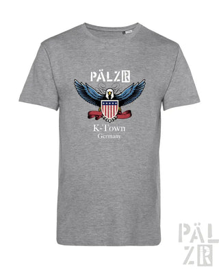 Graues T-Shirt mit Adler-Design und ’pälzib’-Text.