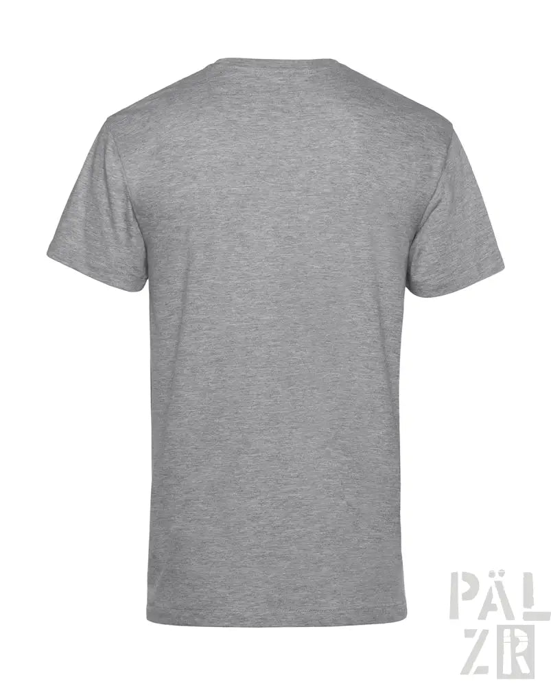 Heather grauer Rundhals-T-Shirt mit dezentem Muster und ’pälzir’ Logo.