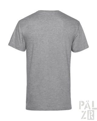 Heather grauer Rundhals-T-Shirt mit dezentem Muster und ’pälzir’ Logo.
