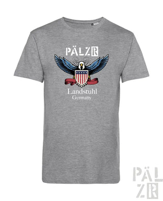 Graues T-Shirt mit Adler-Design und Schild, Text ’pälzb’.