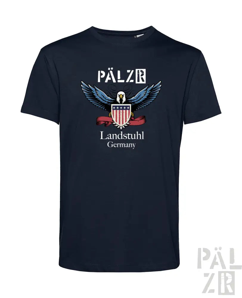 Marineblaues T-Shirt mit Adler-Design und Schild, Text ’pälzr’.