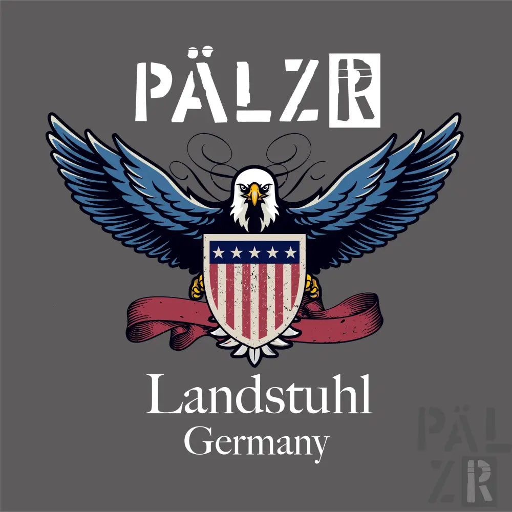 Adler-Schild-T-Shirt-Design mit Farben der amerikanischen Flagge und einem fetten, grafischen Stil.