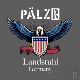 Adler-Schild-T-Shirt-Design mit Farben der amerikanischen Flagge und einem fetten, grafischen Stil.