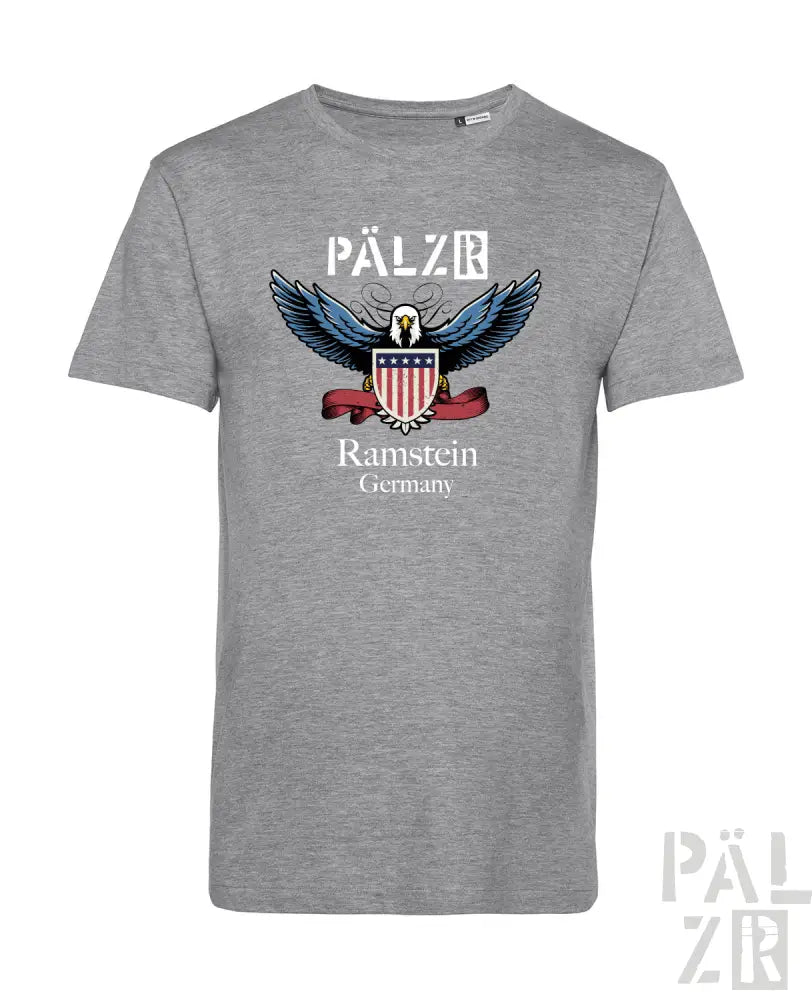 Graues T-Shirt mit Adler-Design und „pälz“-Text, aus Baumwolle.