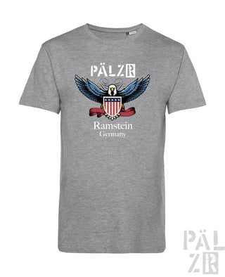 Graues T-Shirt mit Adler-Design und „pälz“-Text, aus Baumwolle.