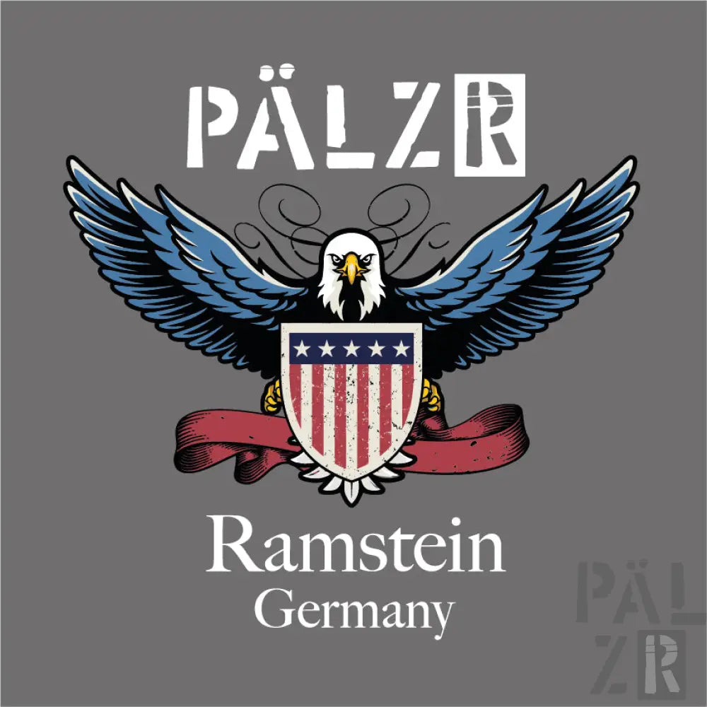 Patriotisches Adler-Schild-T-Shirt mit einem amerikanischen Flaggen-Design und einem fetten ’pälzr’-Logo.