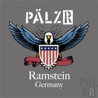 Patriotisches Adler-Schild-T-Shirt mit einem amerikanischen Flaggen-Design und einem fetten ’pälzr’-Logo.