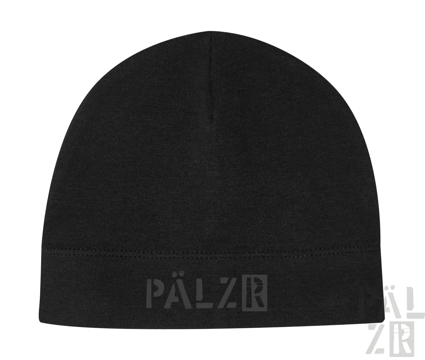 Schwarze Beanie mit ’pälzr’-Logo auf der Vorderseite.