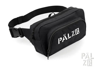 Schwarze Taillen Tasche mit weißem Logo und Reißverschluss, Pälzer Marke.