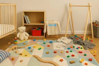 Ein beiger Sweatshirt mit blauer Aufschrift.