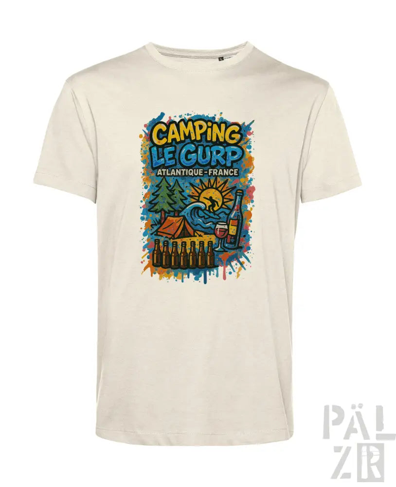Cremefarbenes baumwoll-t-shirt mit buntem splatterprint eines campingplatzes und text camping le gurp atlantique france