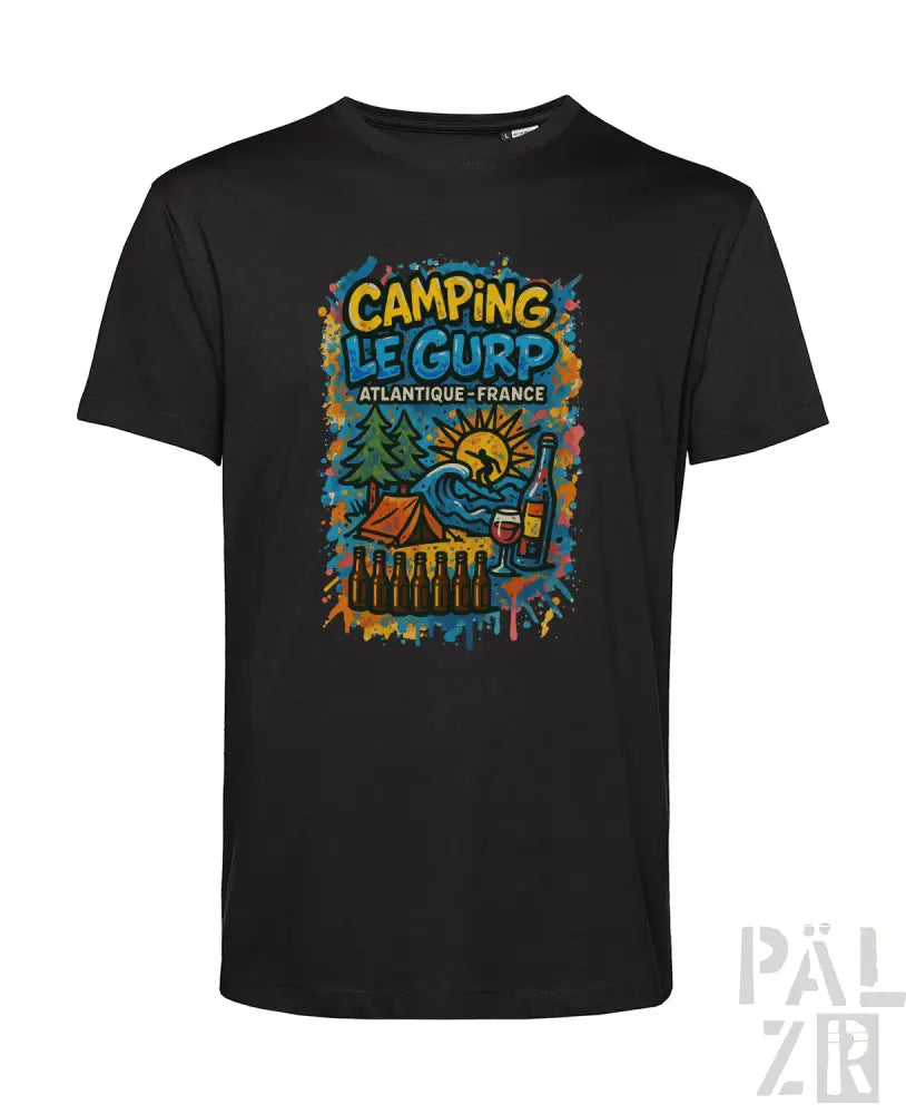 Schwarzes cotton t-shirt camping le gurp mit buntem camping-motiv-print in drei verschiedenen farben erhältlich