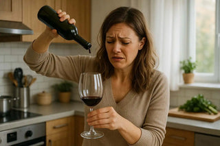 Eine Frau mit einem angewiderten Ausdruck, die ein Weinglas hält und die letzten Tropfen aus einer dunklen Flasche einschenkt.
