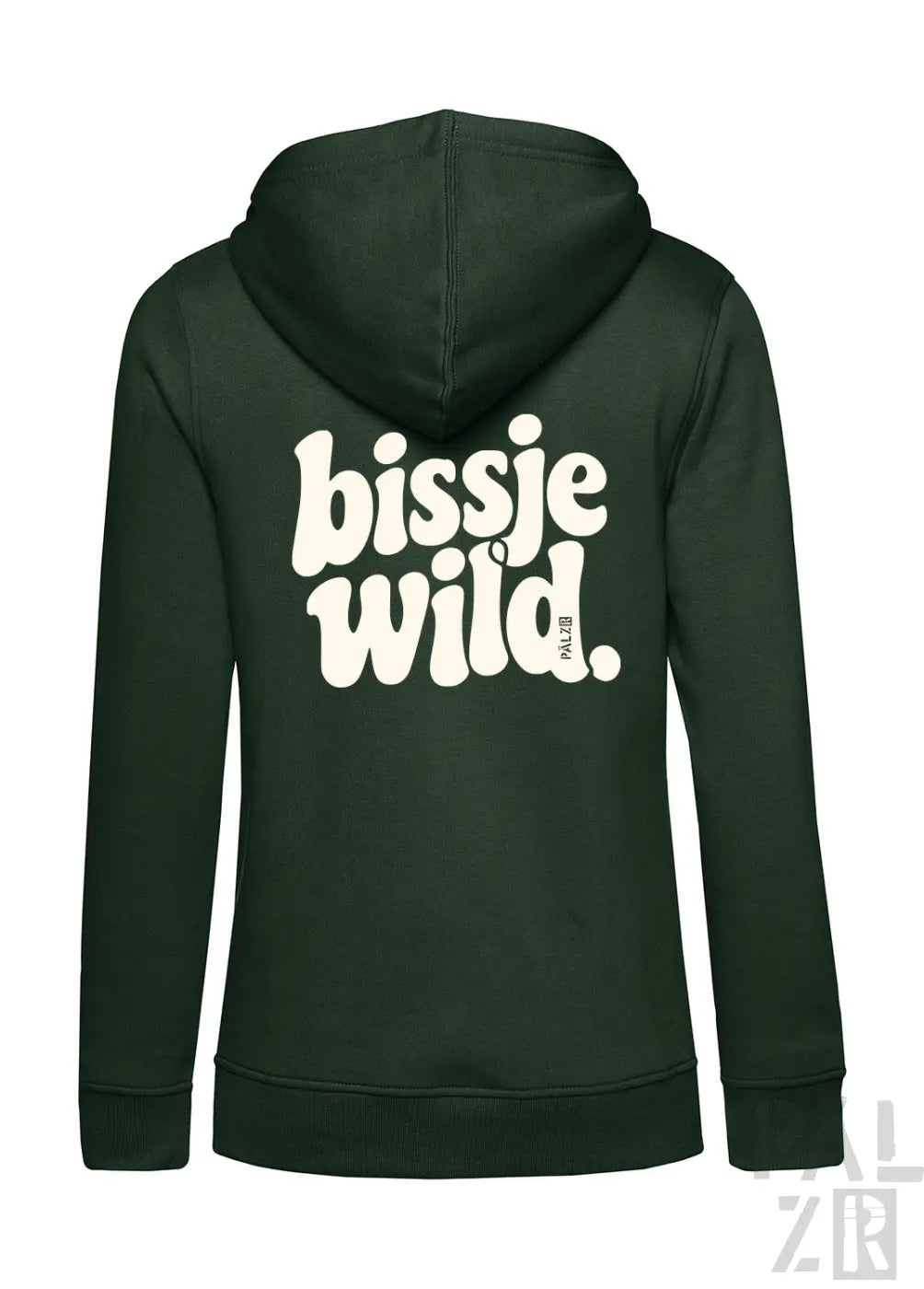 Dunkelgrüner zip-up hoodie für frauen mit weißem bissje wild print auf der rückseite in verschiedenen farben