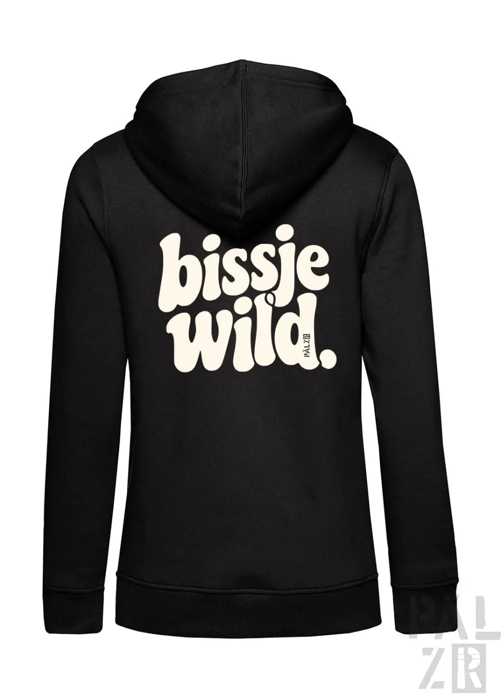 Schwarzer damen-zip-hoodie mit weißem bissje wild print auf der rückseite in verspielter rundschrift