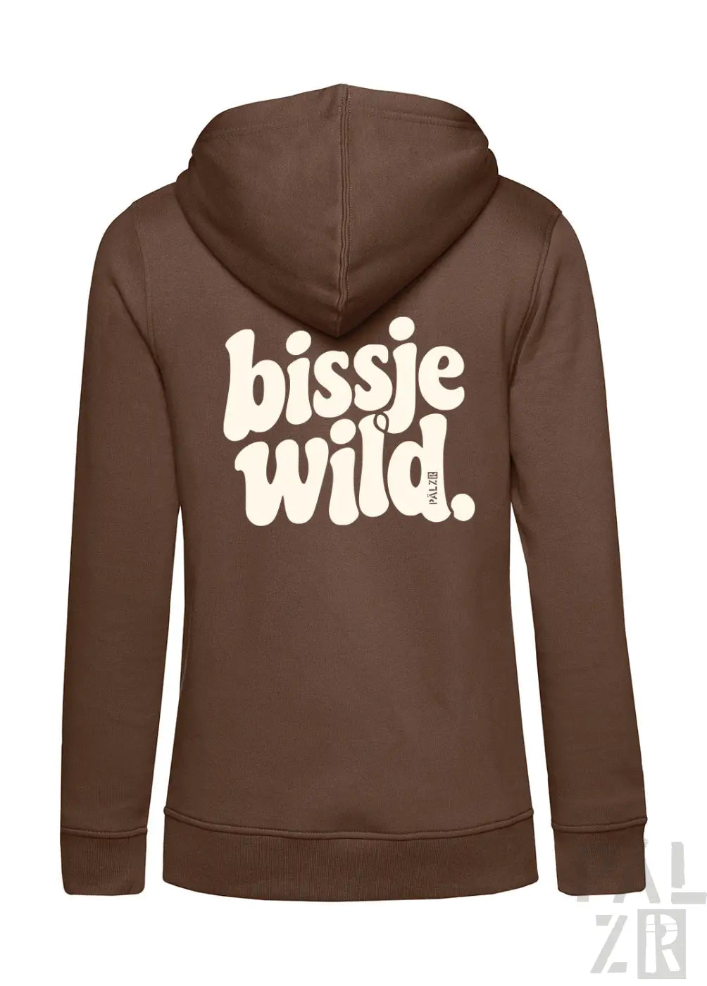Brown zip-up hoodie für frauen mit creamfarbenem bissje wild backprint in verschiedenen farben