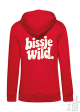 Rote zip-up hoodie für frauen mit weißem bissje wild rückendruck in verschiedenen farben erhältlich