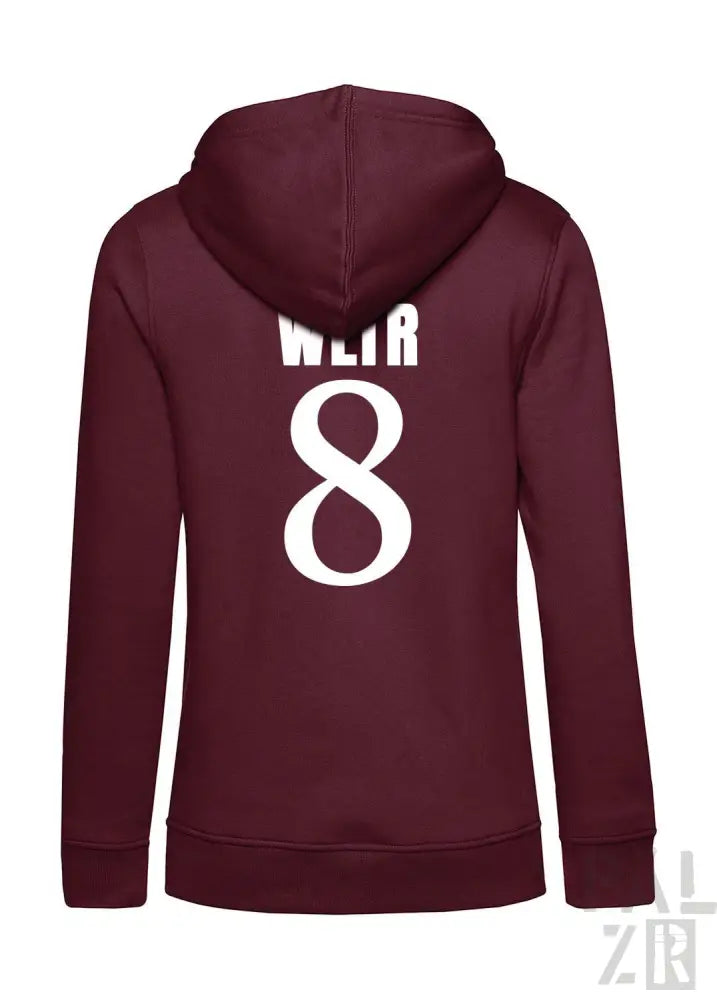 Bordeaux-Farbenes Hoodie mit weißer „8“ und „wlr“-Design auf dem Rücken, aus Fleece-Material gefertigt.