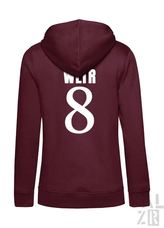 Bordeaux-Farbenes Hoodie mit weißer „8“ und „wlr“-Design auf dem Rücken, aus Fleece-Material gefertigt.